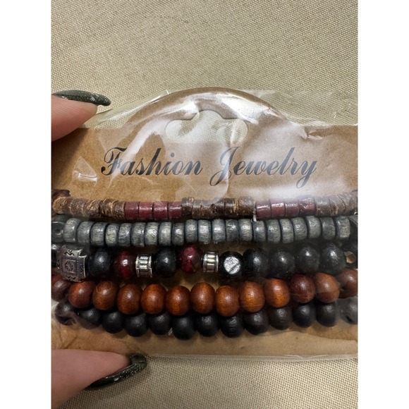 Mens Beaded Bracelet‎ Set Stackable Boho Wooden Style 5 Piece - Picture 6 of 7